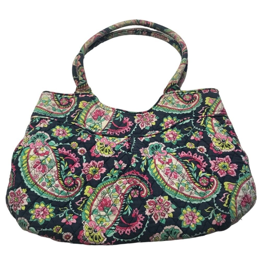 Vera Bradley shoulder hand bag pink‎ floral medium sized green paisleys zip read